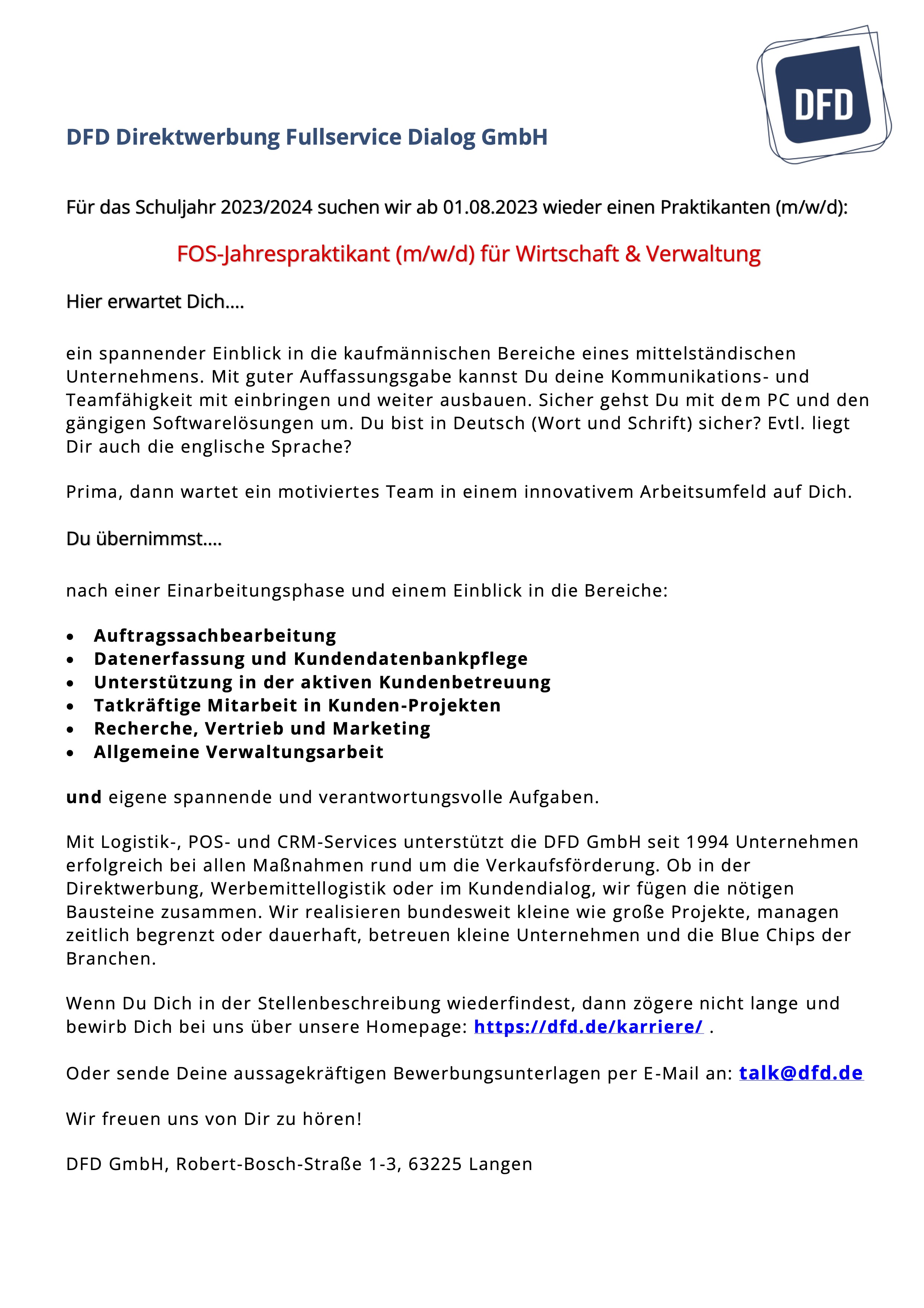 Stellenanzeige FOS Praktikant 03 2023